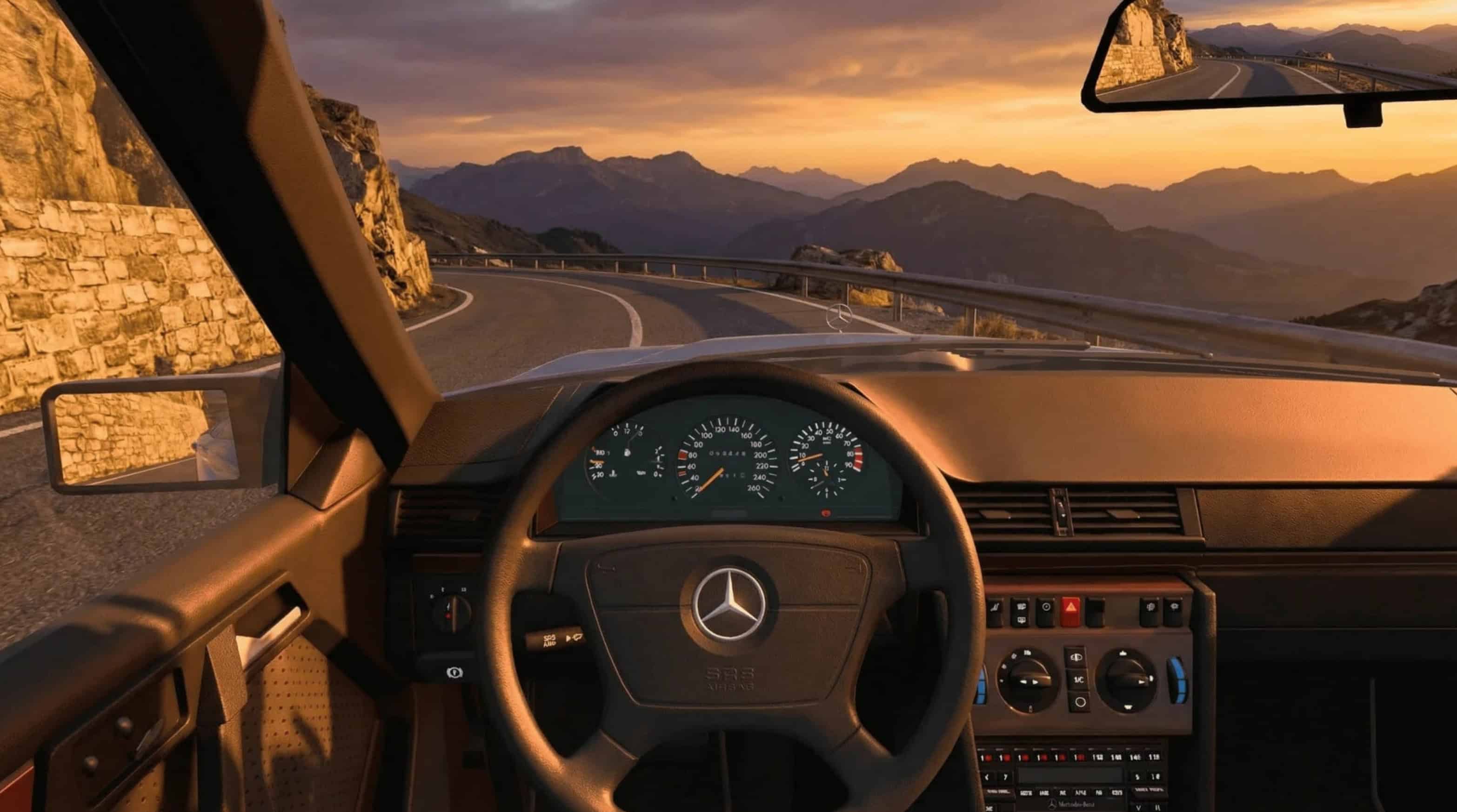 Interior luxuoso e clássico da Mercedes W124 com detalhes em madeira no ATS